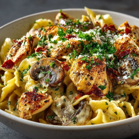 Pâtes au poulet, crème et champignons.