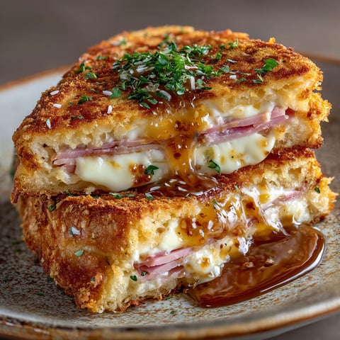 Une tranche de croque au jambon et camembert, sauce moutarde/miel.