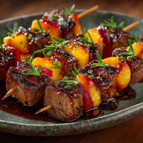 Brochettes de magret de canard, pèches et abricots.