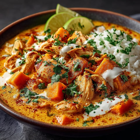 Une assiette de curry thaï au poulet, courge et patate douce.