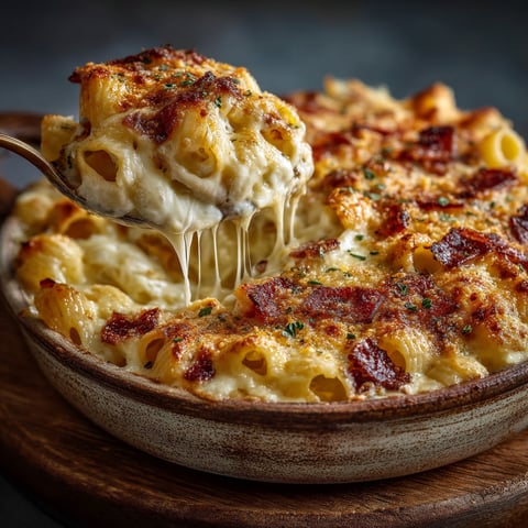 Gratin de pâtes fondant aux fromages.