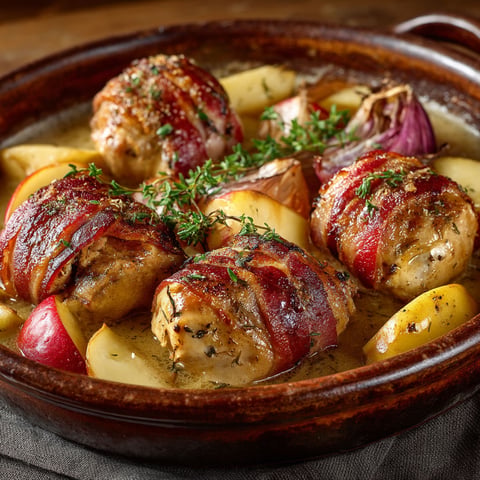 Poulet au jambon sec et pomme.