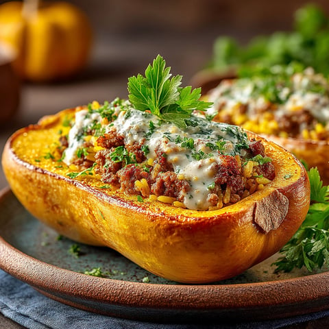 Une courge farcie au riz et à l'agneau.