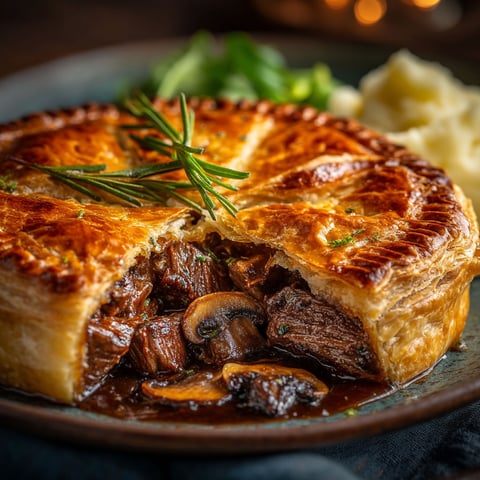 Une tourte au bœuf, champignons et à la Licorne Black.