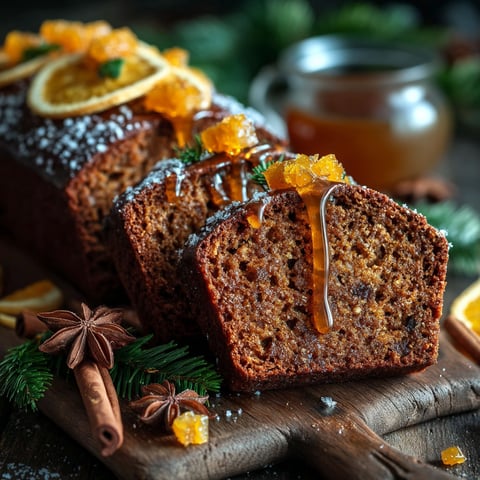 Une baguette de pain d'épices moelleux avec des oranges confites.