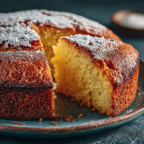 Une portion de gâteau nature moelleux sur un plateau.