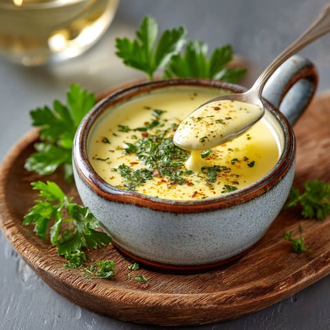Une tasse de beurre blanc Nantais est servie avec des herbes fraîches.