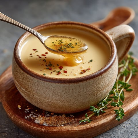 Une tasse de sauce au foie gras est sur une table.