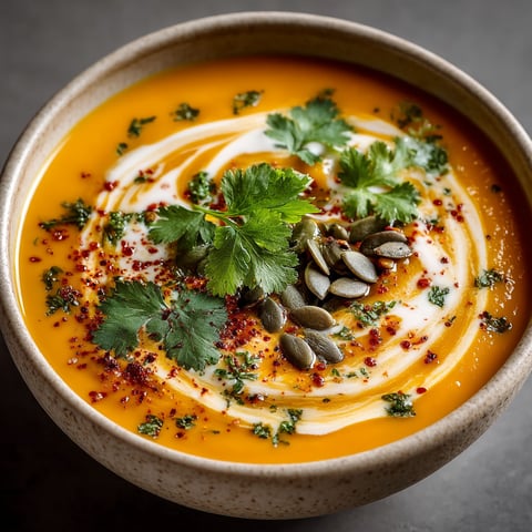 Une soupe de potimarron avec des herbes et des noix.