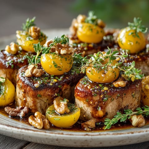 Filet mignon avec des mirabelles, du thym et des noix.