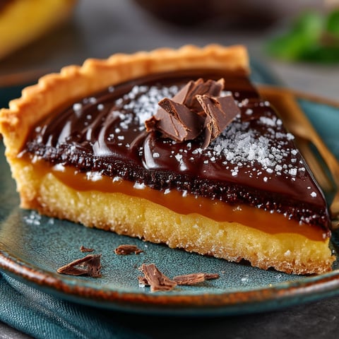 Une tarte au chocolat noir et au caramel demi-sel, sans œufs, est servie sur un plateau.