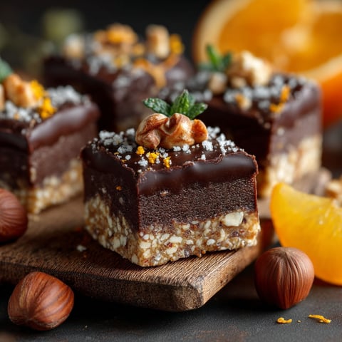 Carrés au chocolat, à l'orange et aux noisettes, sans oeufs.