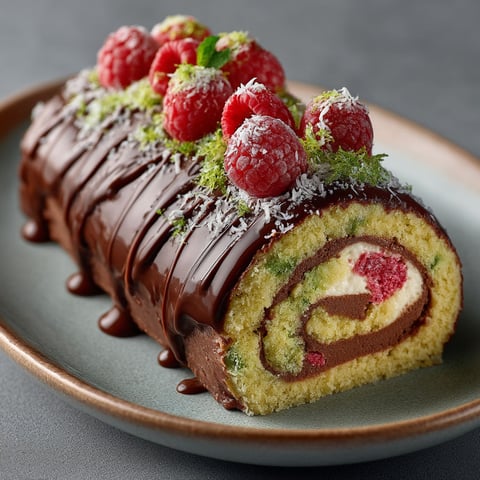Une bûche roulée chocolat, framboise et citron vert.