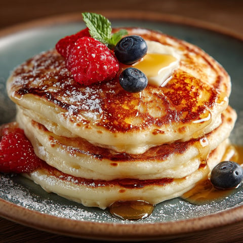 Pancakes with berries and honey.