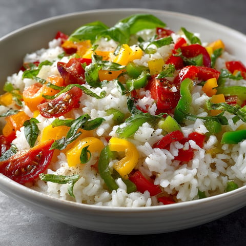 Salade de riz aux tomates, poivrons et basilic.