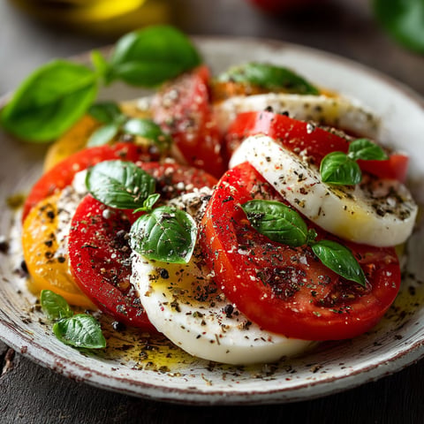 Une salade Caprese composée de tomates, de mozzarella et de basilic.