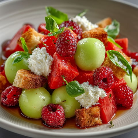 Une salade estivale avec des melons, des framboises et du fromage frais.