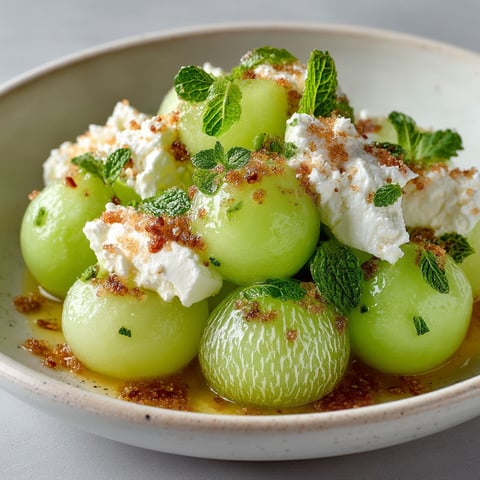 Salade de melon au fromage frais et à la menthe ciselée.