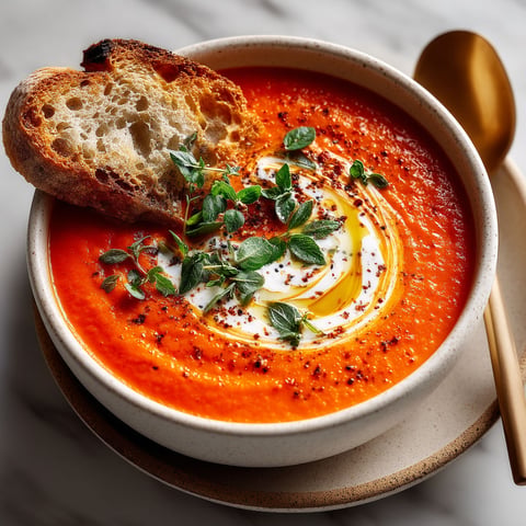 Une soupe aux poivrons grillés accompagnée d'un pain grillé.