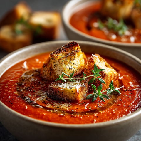 Soupe de tomates avec des tranches de pain grillé.