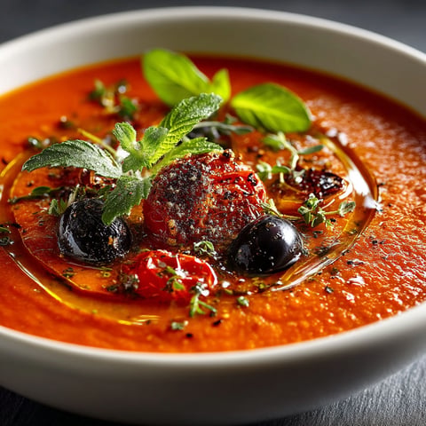 Soupe de tomates et poivrons rôtis, ail et origan.