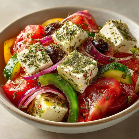 Salade de tomates, concombre, origan et feta.