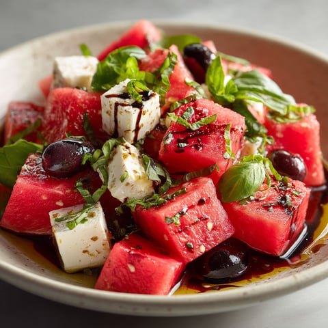 Salade de pastèque, féta, basilic et olives noires.