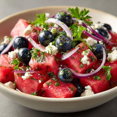 Salade de pastèque, myrtilles, féta et oignon rouge.