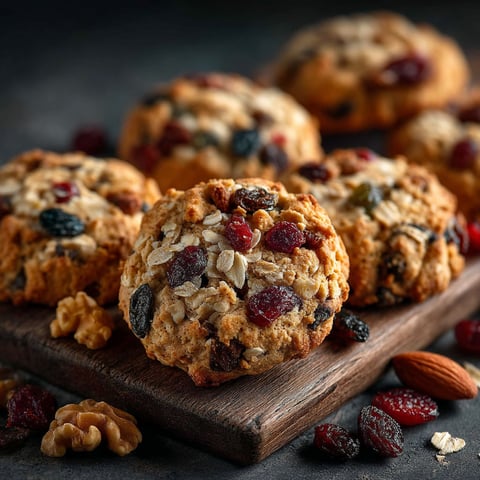 Plateau de cookies aux flocons d'avoine, noix et fruits séchés.