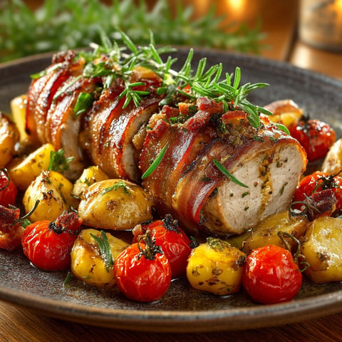 Filet mignon à l'italienne : pommes de terre, lard fumé et tomates cerises.
