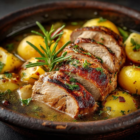 Filet mignon en cocotte, pommes de terre et romarin.