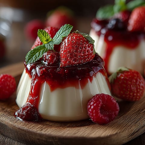 Pannacotta au lait de coco et aux fruits rouges.