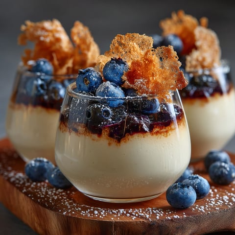 Pannacotta croustillantes, vanille et myrtilles.