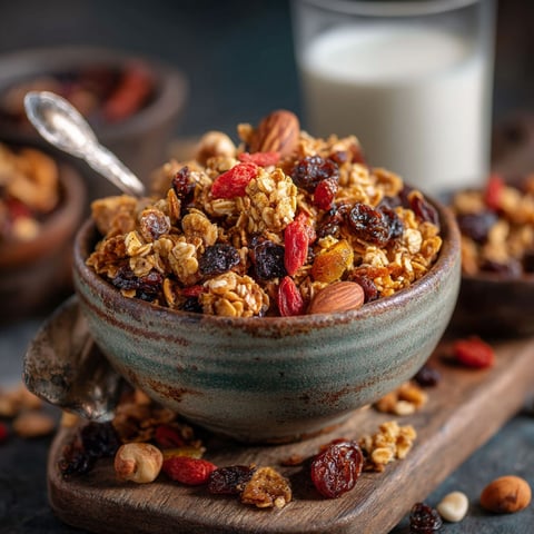 Un bol de granola maison avec des fruits secs et des noix.
