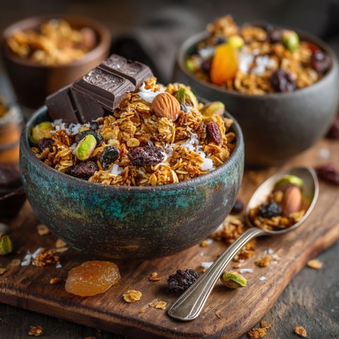Un bol de granola avec du chocolat et des fruits secs.