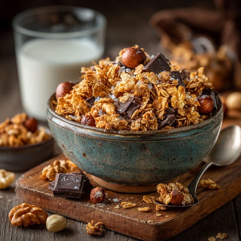 Un bol de granola au chocolat, noisettes et noix.