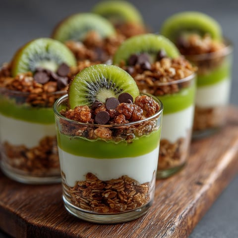 Verrines de petit déjeuner au kiwi et granola.
