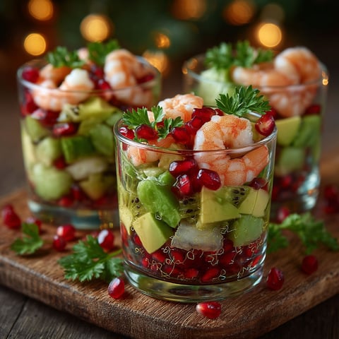 Verrines de Noël aux crevettes, avocat et kiwi.