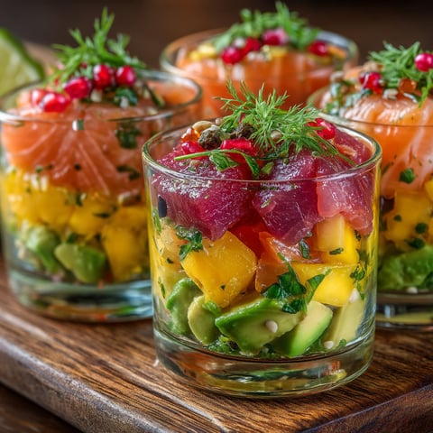 Verrines de truite fumée, avocat et mangue.