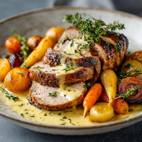 Une assiette de rôti de veau avec des carottes et des agrumes.