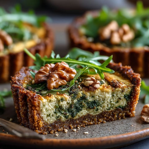 Une tarte au pesto de roquette et aux noix.