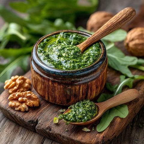 Un bol de pesto ail des ours, roquette et noix sur une table.