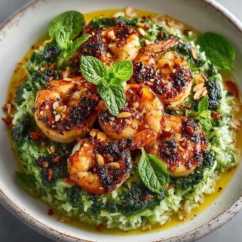 Crevettes grillées et riz au pesto d'épinards.