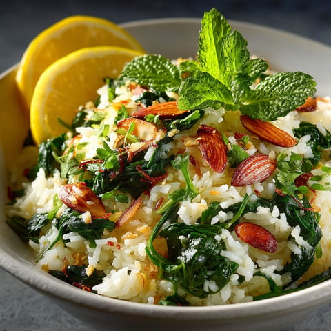 Riz sauté aux épinards et aux amandes grillées.
