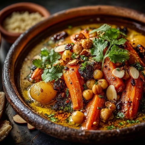 Tajine de carottes, amandes et pois chiches aux épices douces.