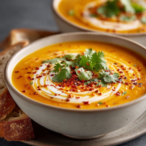 Soup de carottes et patates douces au lait de coco et curry.