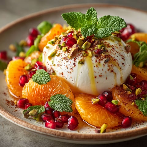 Une salade de burrata (ou mozzarella) avec des oranges et des grenades.