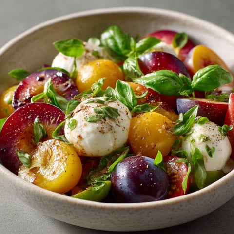 Salade de fruits d'été avec Burrata et basilic.