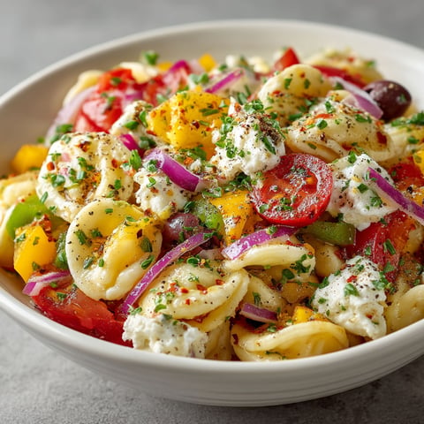 Salade de pâtes tomates, poivrons et ricotta.