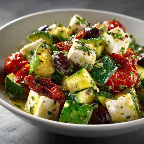 Salade de courgettes, feta, tomates et olives noires.